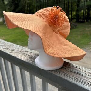 Womens Orange Reversible Floppy Sun Hat W/Beaded Flower Brooch 59cm Packable